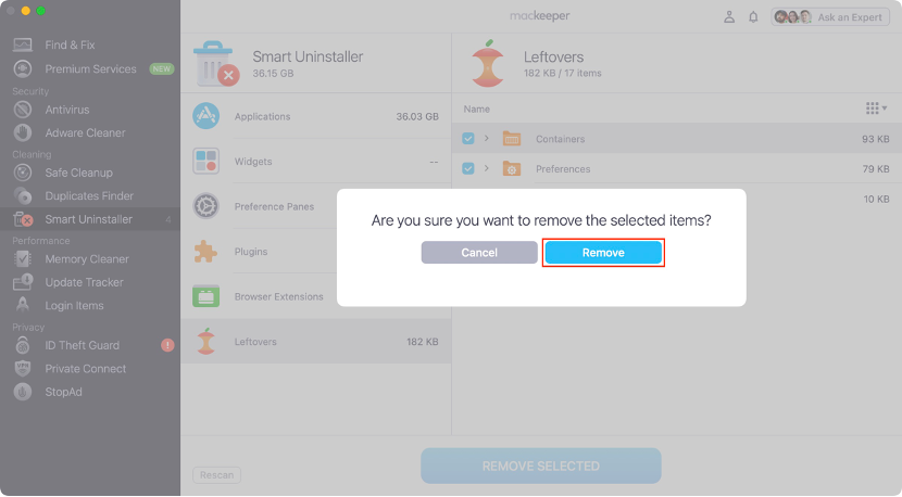 Click Remove Selected in a pop-up window to confirm the removal.