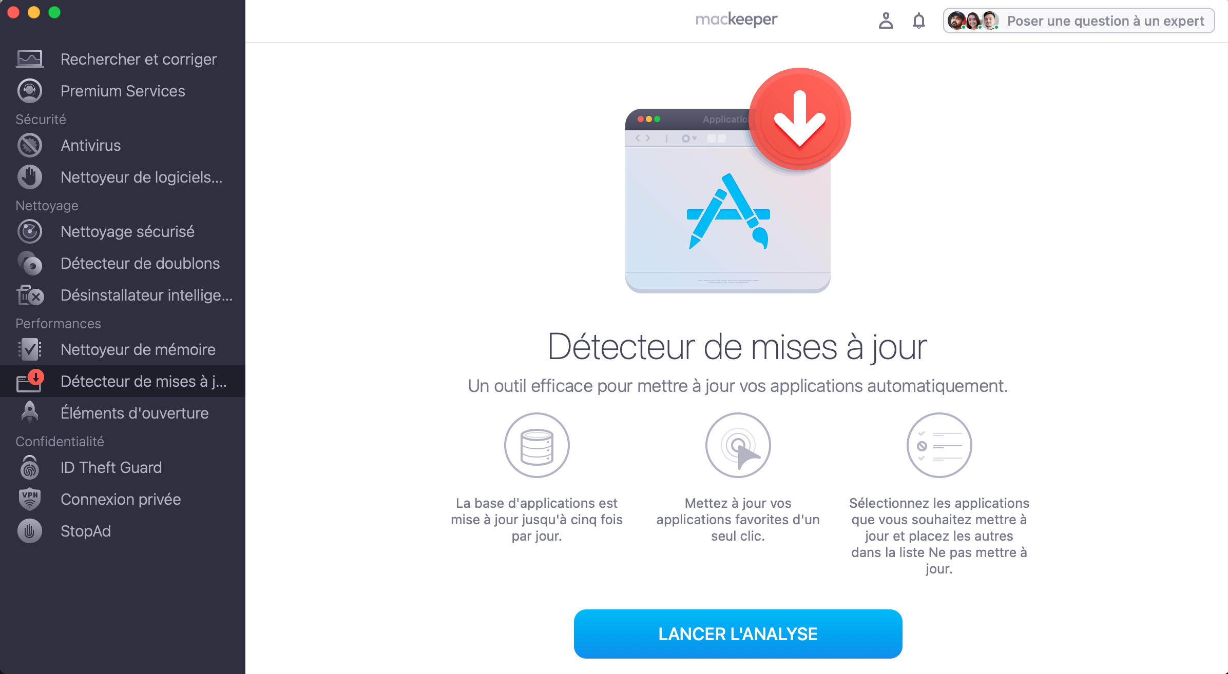 Pour vérifier si des applications doivent être mises à jour, utilisez le Détecteur de mises à jour de MacKeeper. Lancez MacKeeper, sélectionnez Détecteur de mises à jour et cliquez sur Lancer l'analyse.