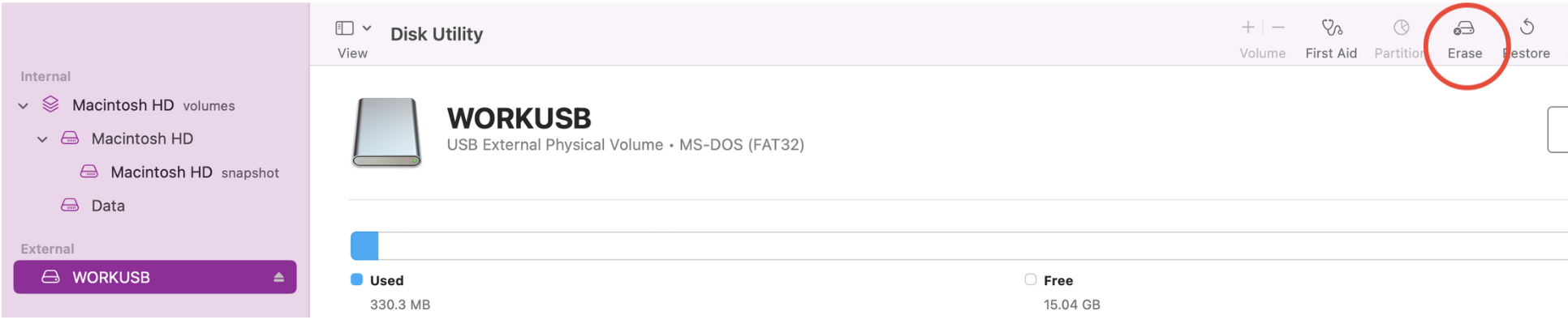 If nothing else has worked, it might be time to reformat your external hard drive (if necessary). First, you will need to reopen Disk Utility. Make sure you select your external drive and then press Erase.