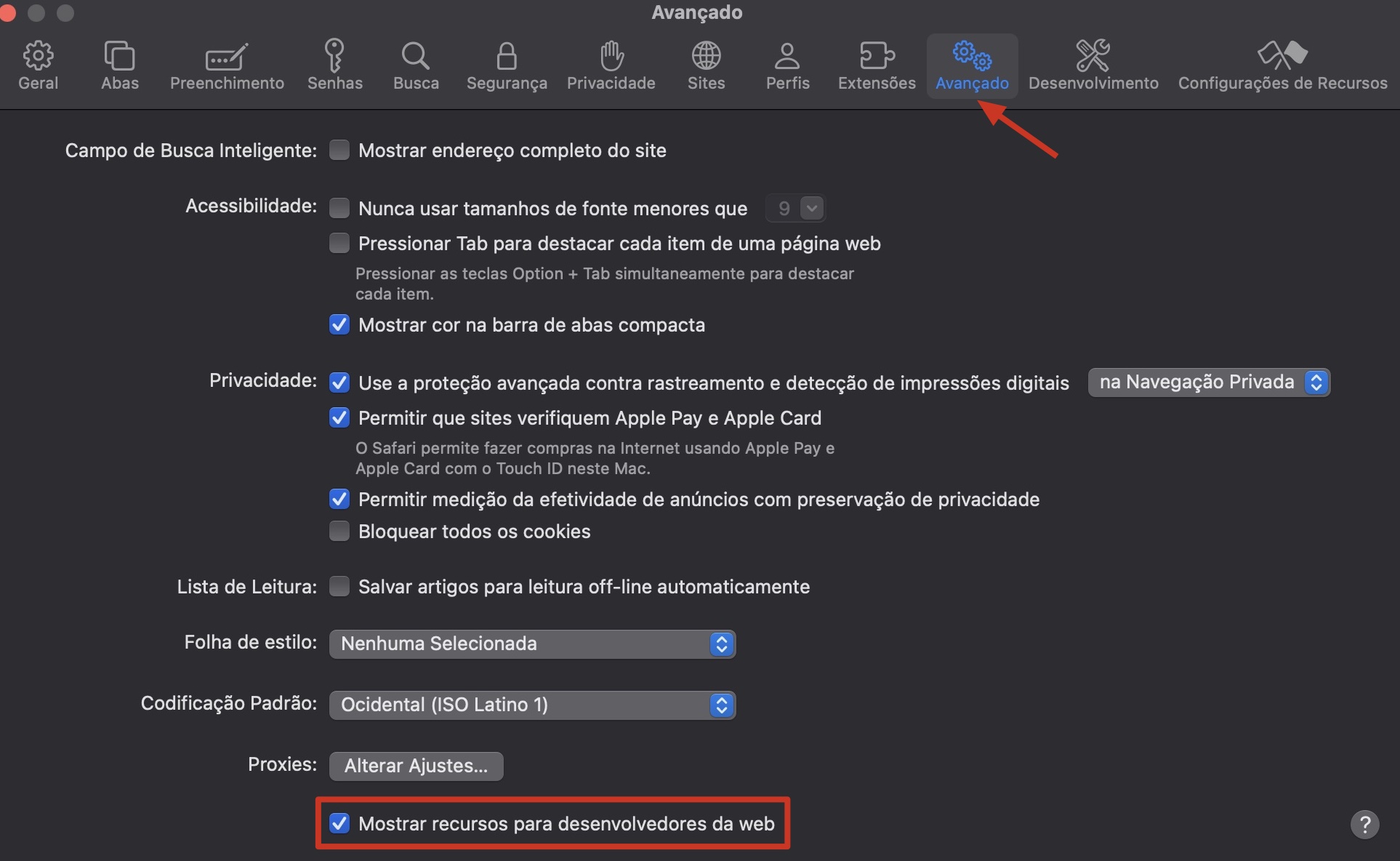 O menu Avançado dentro dos Ajustes do Safari no Mac. Você precisará ativar Mostrar recursos para desenvolvedores da web para Esvaziar Caches e liberar espaço no Mac.