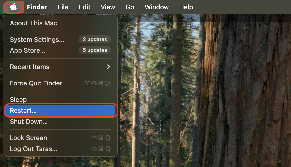 Click the Apple menu and choose Restart to reboot your Mac and refresh system processes that may be affecting performance or syncing.