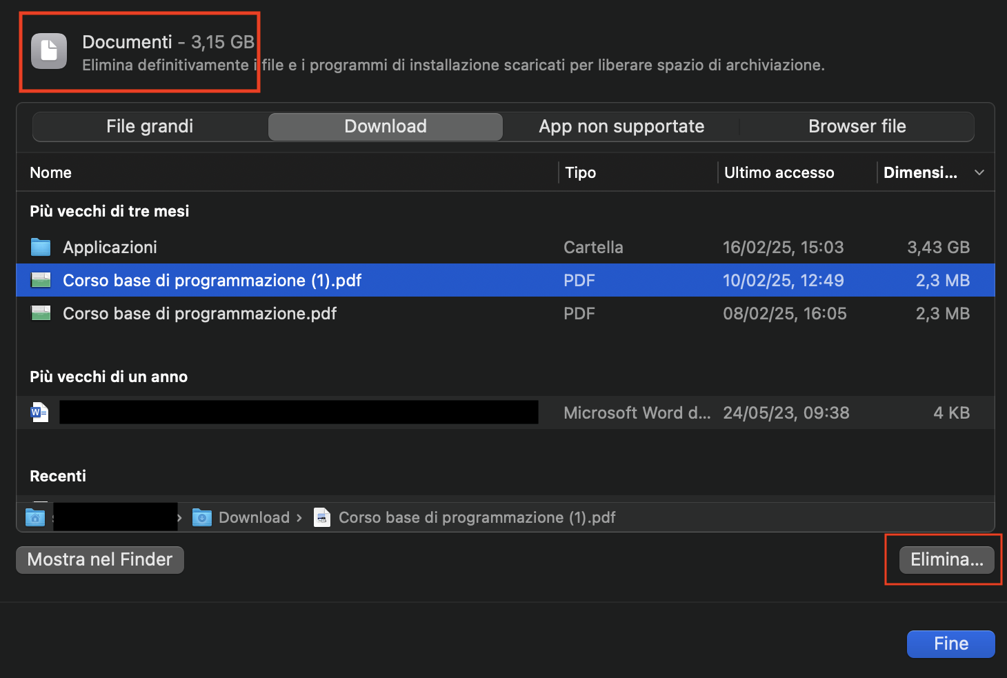 La sezione Documenti dello spazio di archiviazione del Mac viene visualizzata per consentire all'utente di comprendere le dimensioni dello spazio sul disco. Selezionare la scheda Download ed eliminare i file ridondanti da qui.