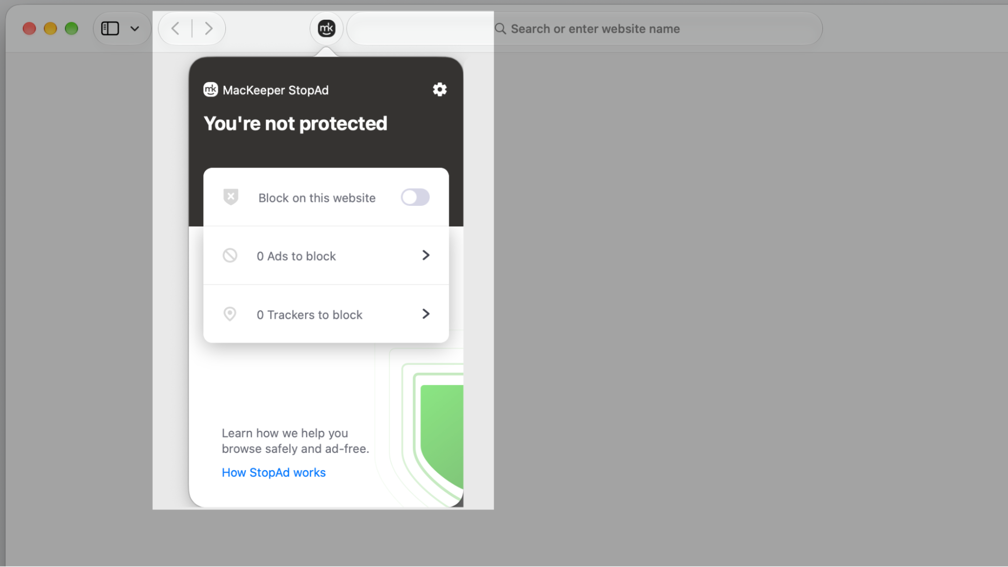 The StopAd section highlighted in the MacKeeper sidebar on an Apple laptop, with the blue Open button to launch the ad and tracker blocker.