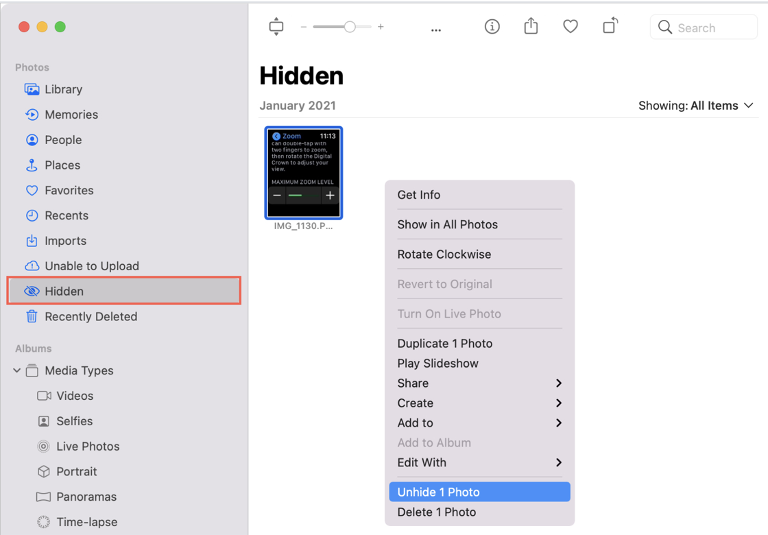 If the image you want to recover is in this Hidden album, right click the picture and press Unhide Photo. This will move your photo back to your usual image library.