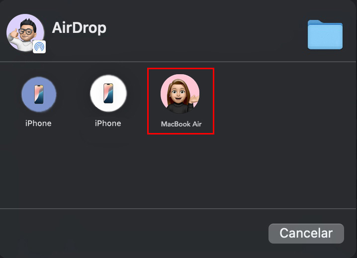 A janela do AirDrop no Mac mostra todos os dispositivos disponíveis. Para migrar dados de um Mac para outro usando o AirDrop, selecione o seu novo Mac para enviar o arquivo.