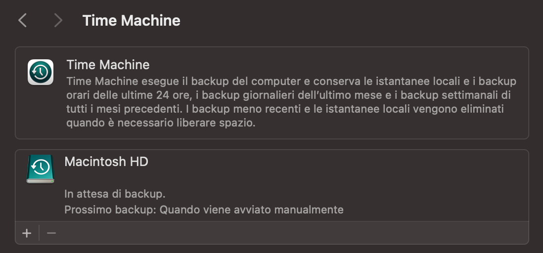 Ora puoi fare clic su Seleziona disco di backup se hai già collegato lo spazio di archiviazione in cui vuoi salvare file e cartelle di backup. In caso contrario, collega prima il disco o l’unità di backup, così potrai selezionarla in Time Machine.