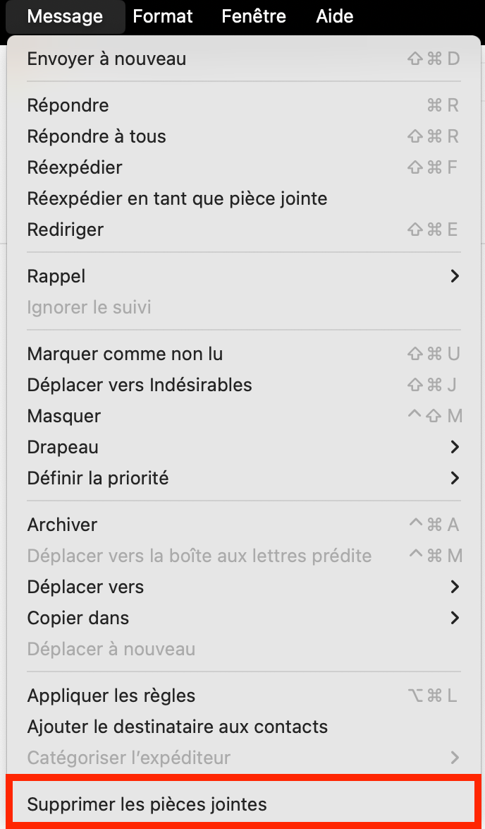 Le menu Message de l'application Mail avec l’option Supprimer les pièces jointes mise en évidence. Comment supprimer les caches Mail sur Mac : effacer les pièces jointes.