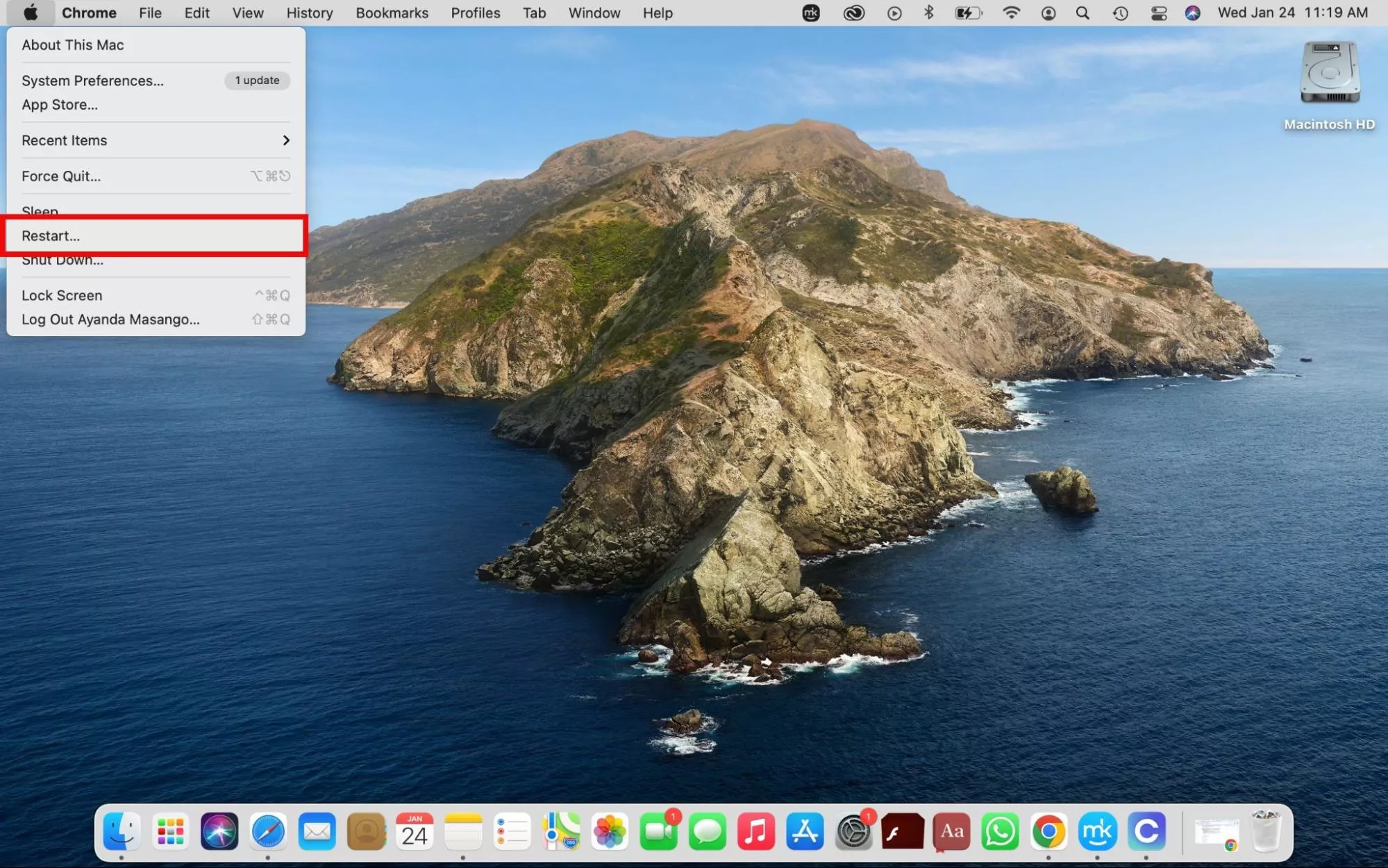 The user is restarting the MacBook. Click on the Apple menu and choose Restart if the Notes app is not working on your Mac.