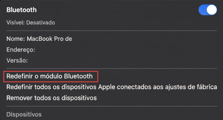 Redefina o módulo Bluetooth para corrigir o problema do mouse que não clica no Mac. Em versões do macOS anteriores ao Monterey, segure as teclas Shift + Alt/Option e clique no ícone do Bluetooth na barra de menu. Escolha a opção Redefinir o Módulo Bluetooth.