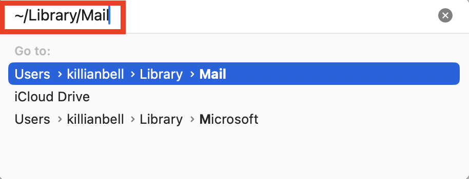 The Go to Folder function in Finder on Mac. Use this to navigate to the Mail folder where you can delete the Apple Mail cache to fix Apple Mail search not working.