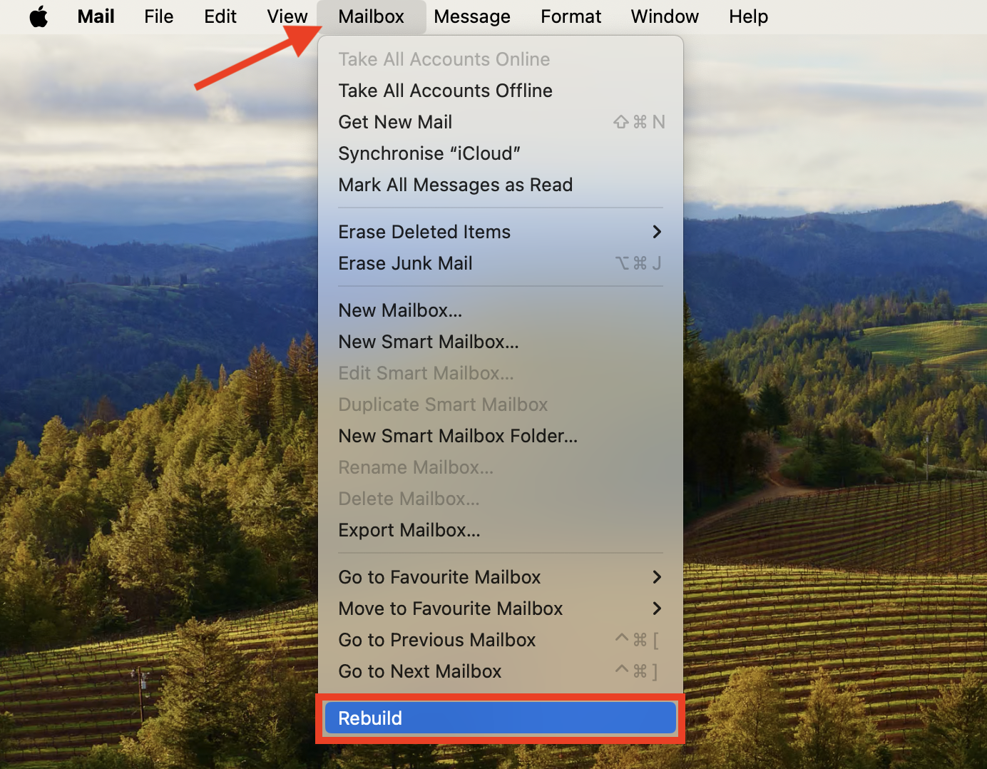 The Mailbox menu in Apple Mail on Mac. You can use the Rebuild option to rebuild your mailbox when you find Apple Mail search not working.