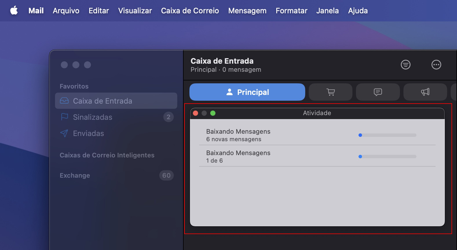 Depois de clicar em Atividade, uma janela pop-up deverá aparecer. Ela é conhecida como Visualizador de Atividade do Mail e permite monitorar e verificar o envio e recebimento de mensagens, os status de conexão ou possíveis erros.