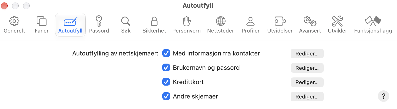 I Safari-innstillingene dine går du til delen 'Autoutfylling', og går deretter gjennom listen over typer autoutfylte data. Fjern haken for å slå dem av. Klikk ellers på 'Rediger'.