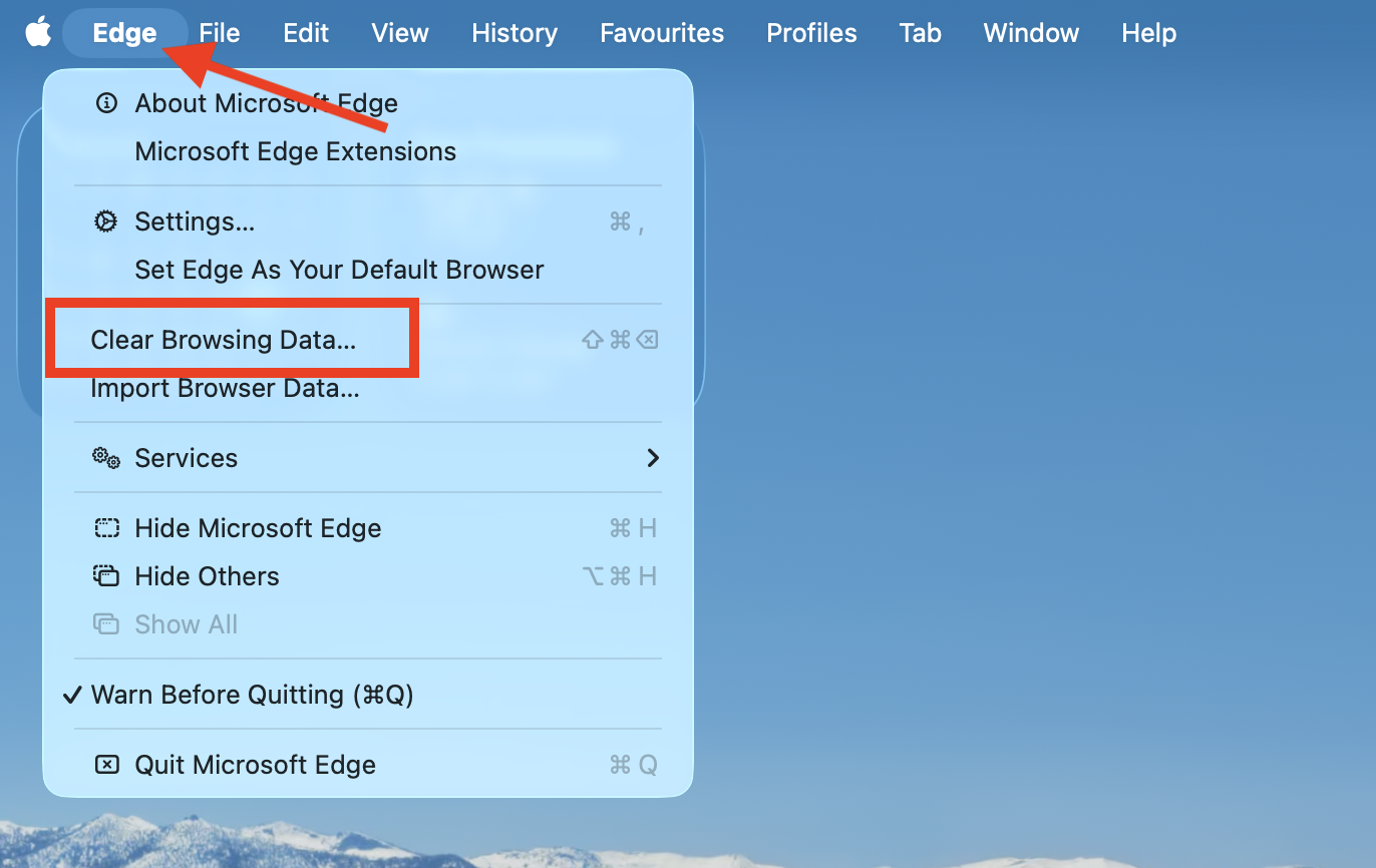 The option to Clear Browsing Data inside the Microsoft Edge menu on Mac. If you want to clear the Google Drive cache on Mac within Microsoft Edge, first select Clear Browsing Data from the Edge menu.