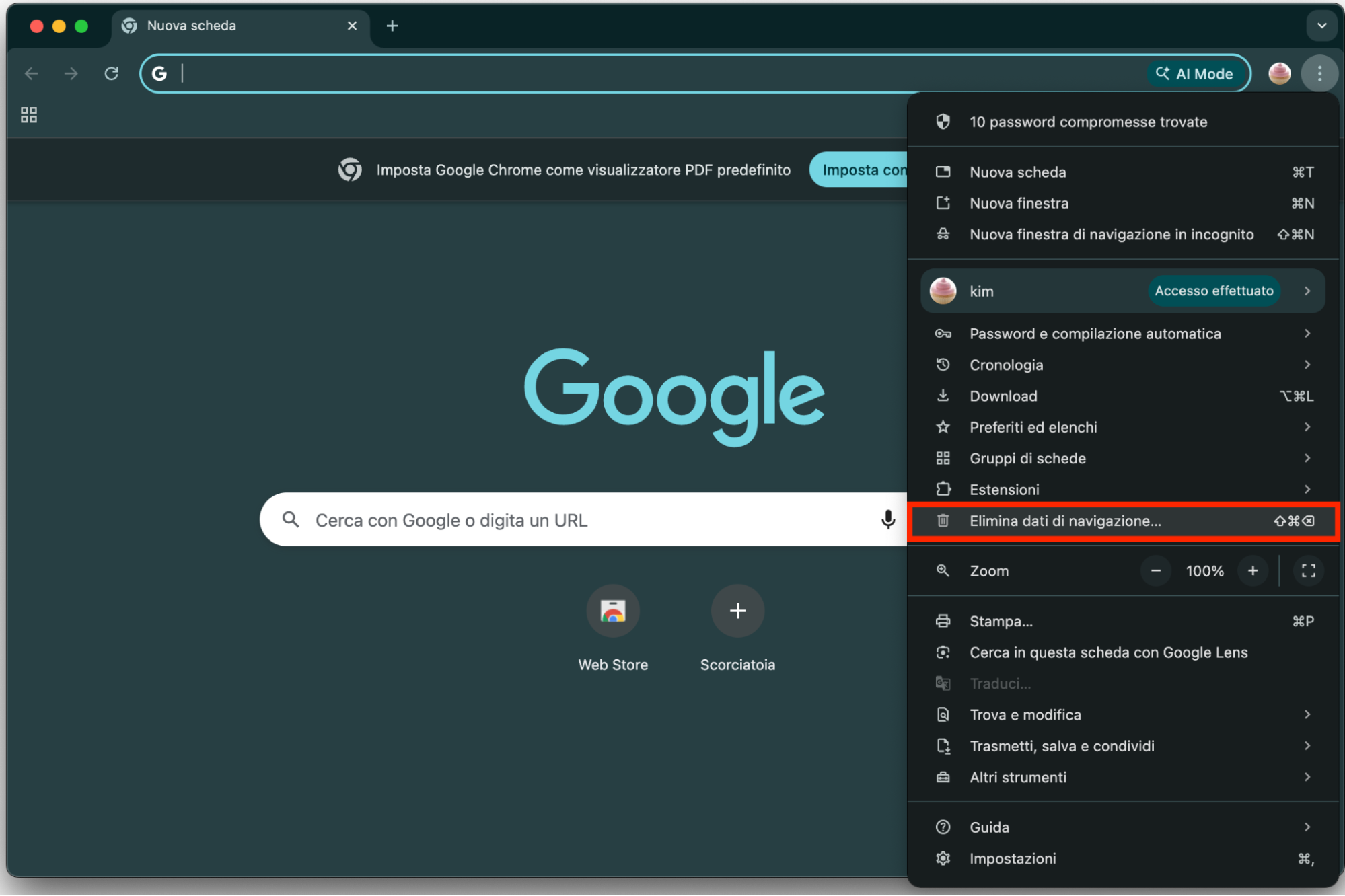 Chrome, con il menu aperto ed Elimina dati di navigazione evidenziato. Come cancellare e reimpostare Chrome, come parte di una guida su come bloccare i falsi pop-up McAfee su Mac.