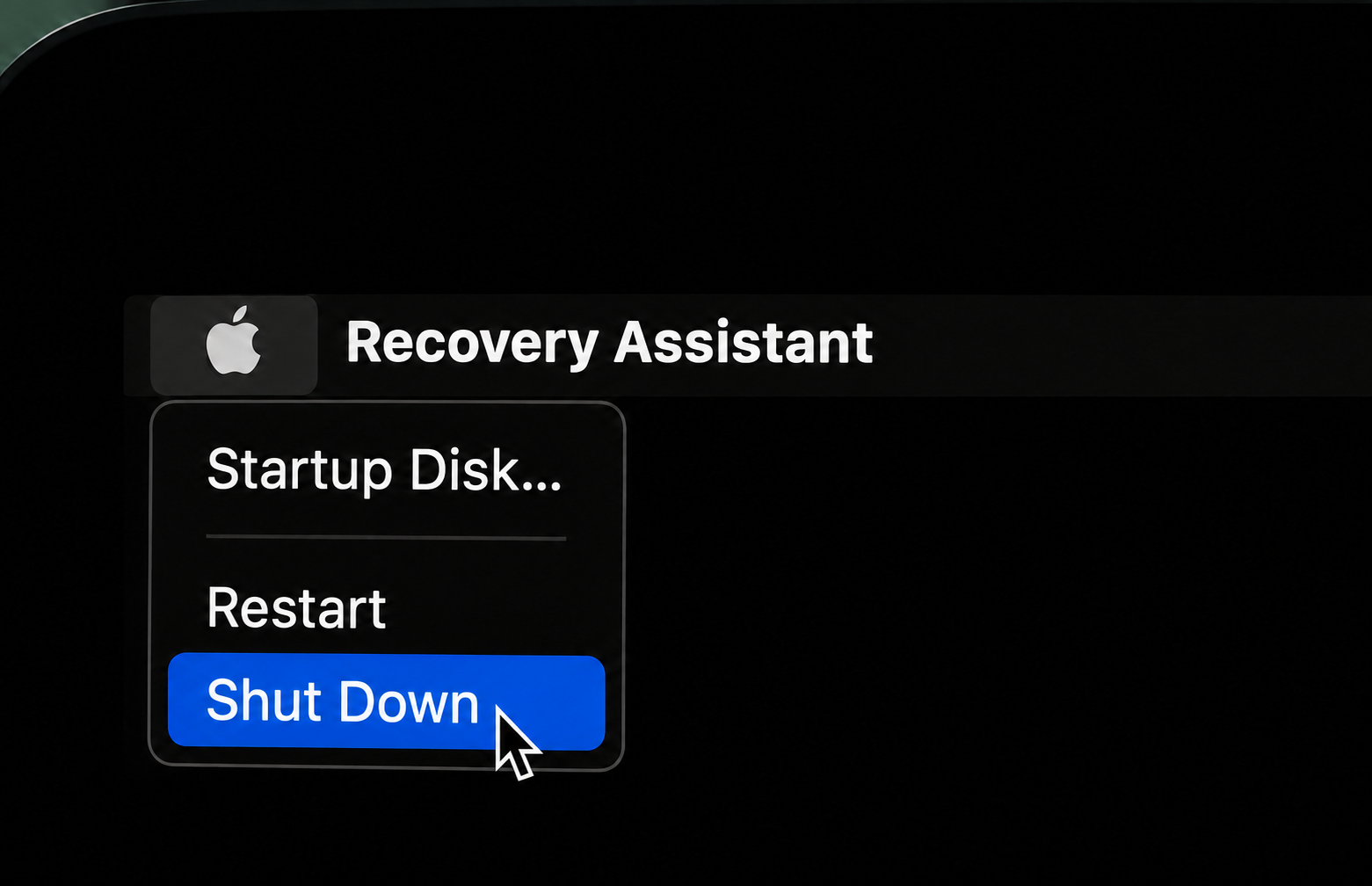Recovery Assistant menu on a Ventura Mac with Shut Down highlighted, the step to power off before booting the USB installer.