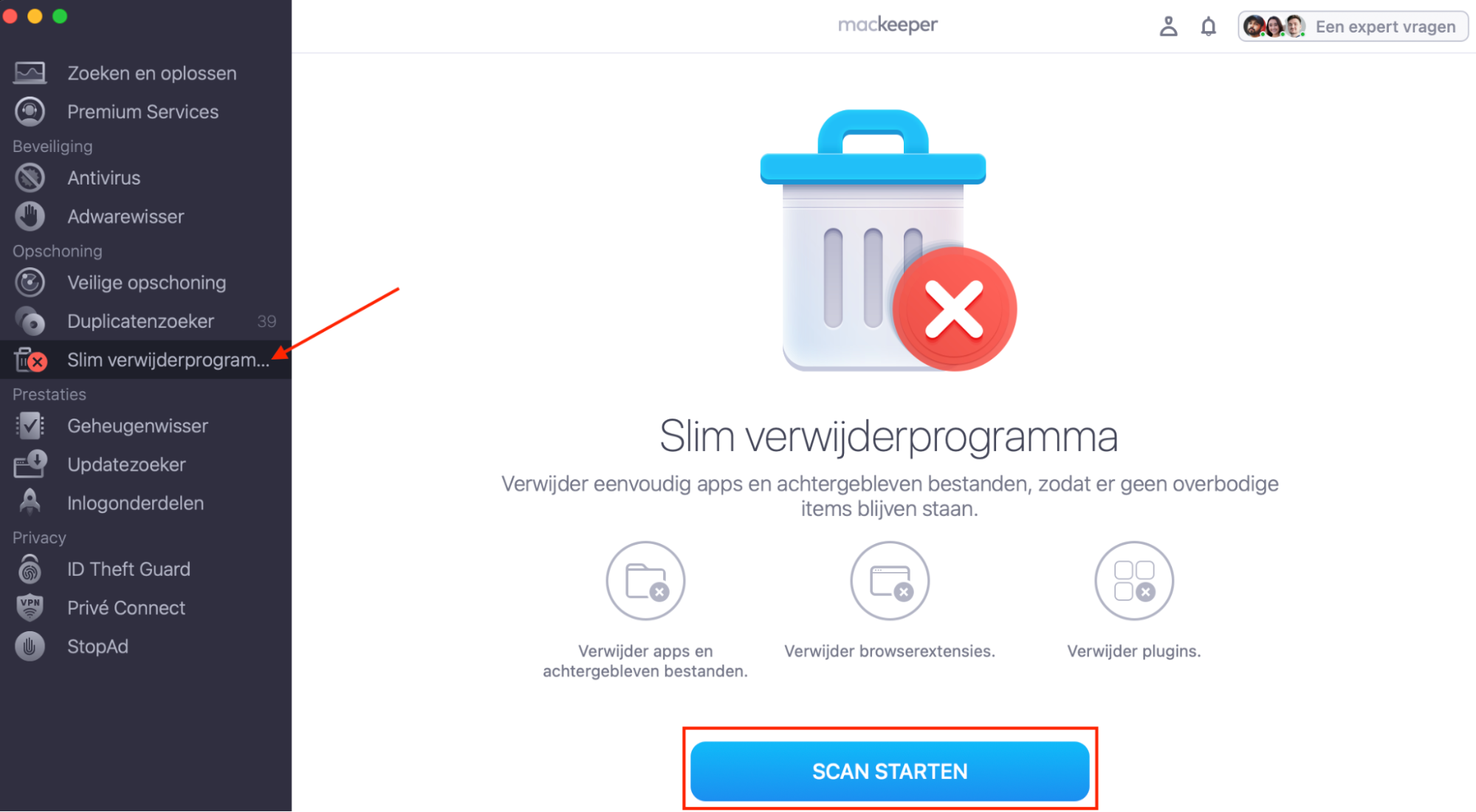De  Slim Verwijderprogramma-tool van MacKeeper op een Mac. Je kunt Slim Verwijderprogramma gebruiken om ongewenste apps en overgebleven bestanden die ruimte innemen te verwijderen.