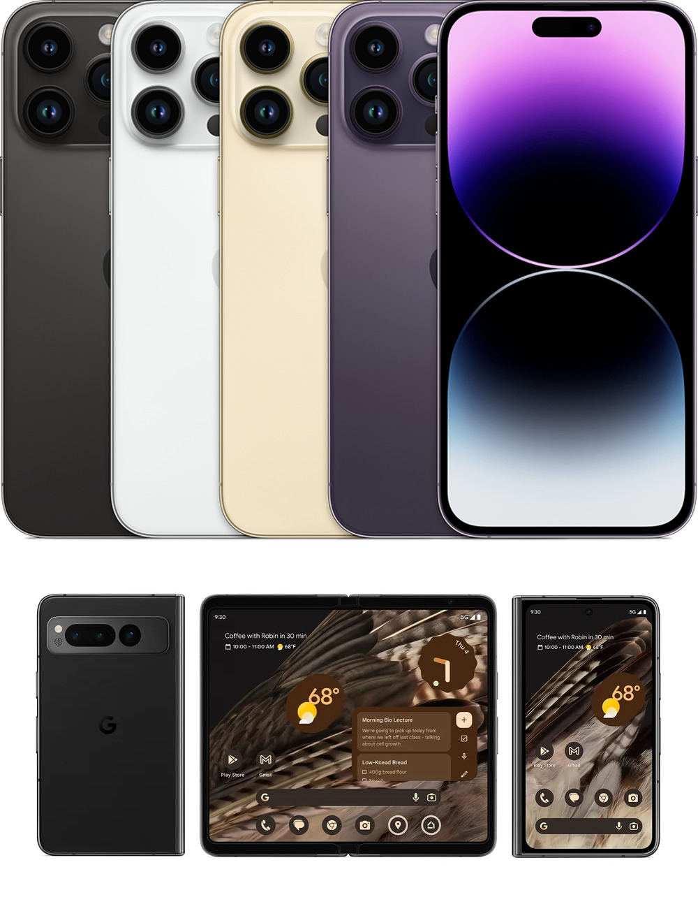 An official product photo of a row iPhone 14 devices lined up, showing a variety of different colors available to buy. And an official product shot of the Google Pixel fold, showing the phone in three different states - folded from the back, unfolded, and folded from the front. 