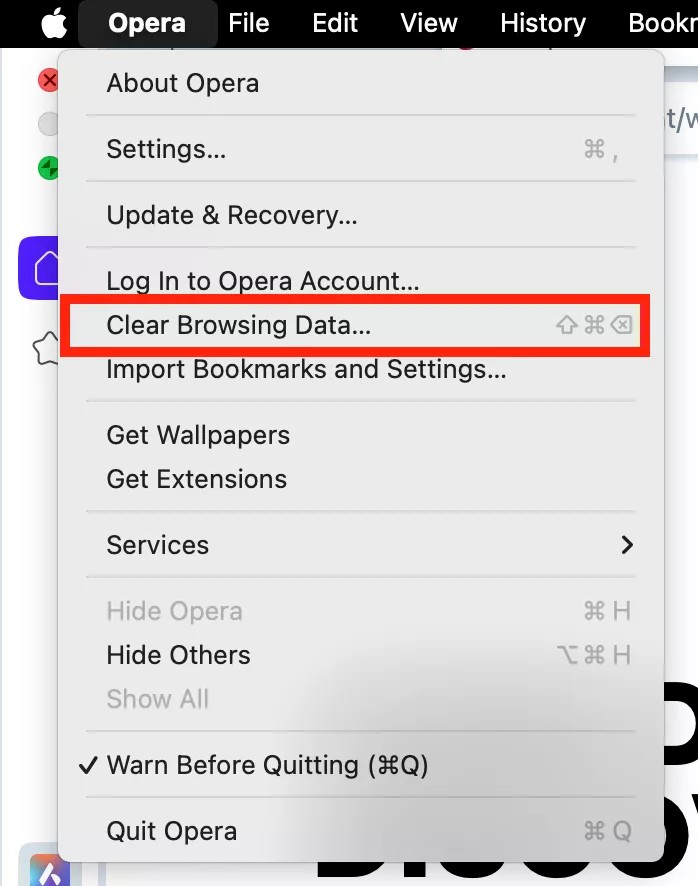 The Opera browser menu opens on Mac, showing the Clear Browsing Data option as being selected to begin the process to clear cache on macOS Catalina.
