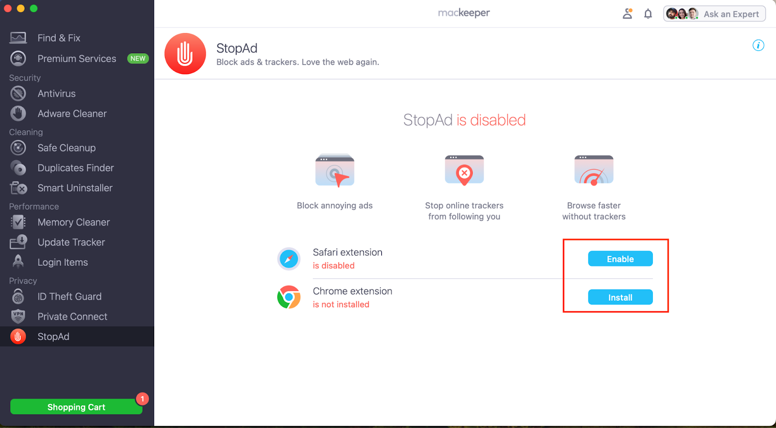The MacKeeper StopAd feature window displays how to install and enable the StopAd extension on the Mac Safari and Chrome browsers.