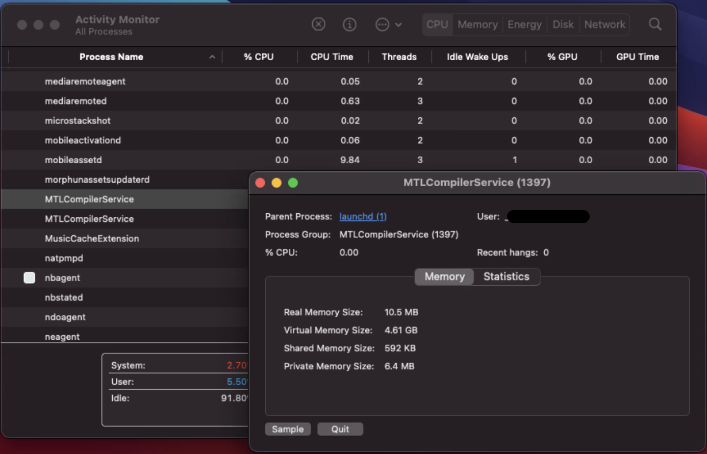 Find the app triggering high MTLCompilerService usage in Activity Monitor. Close the app to stop its high MTLCompilerService usage.
