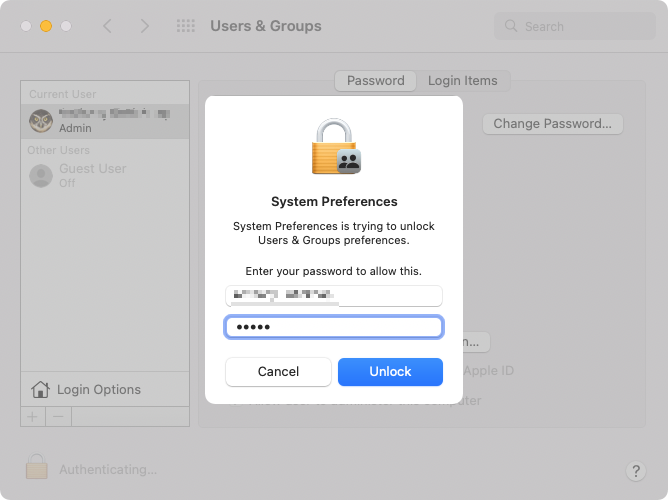 System Preferences > type in your admin password System Preferences > type in your admin password