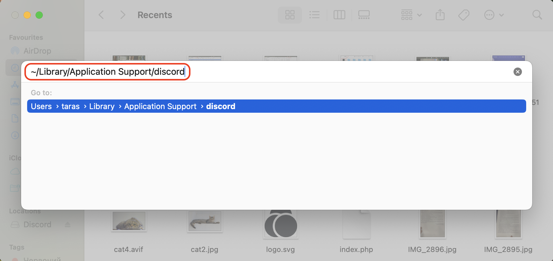 Enter ~/Library/Application Support/discord in the Go to Folder dialog box and press Enter to locate Discord’s support files on your Mac.