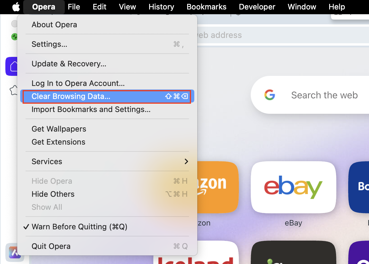 Opera, with the Opera menu open and Clear Browsing Data highlighted. How to manually delete cache on macOS Sonoma: clear browser cache on Opera.