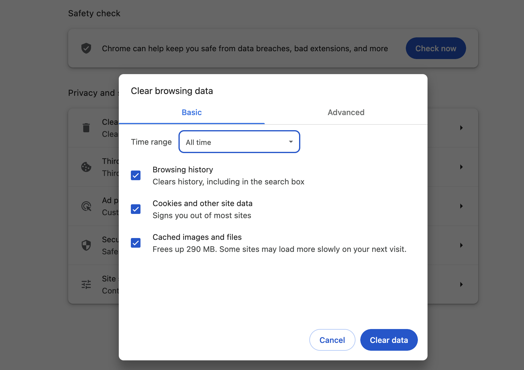 The Chrome browser menu displays the time range and option for clearing the browser cache to clear cache in Chrome on Mac. The Chrome browser menu displays the time range and option for clearing the browser cache to clear cache in Chrome on Mac.