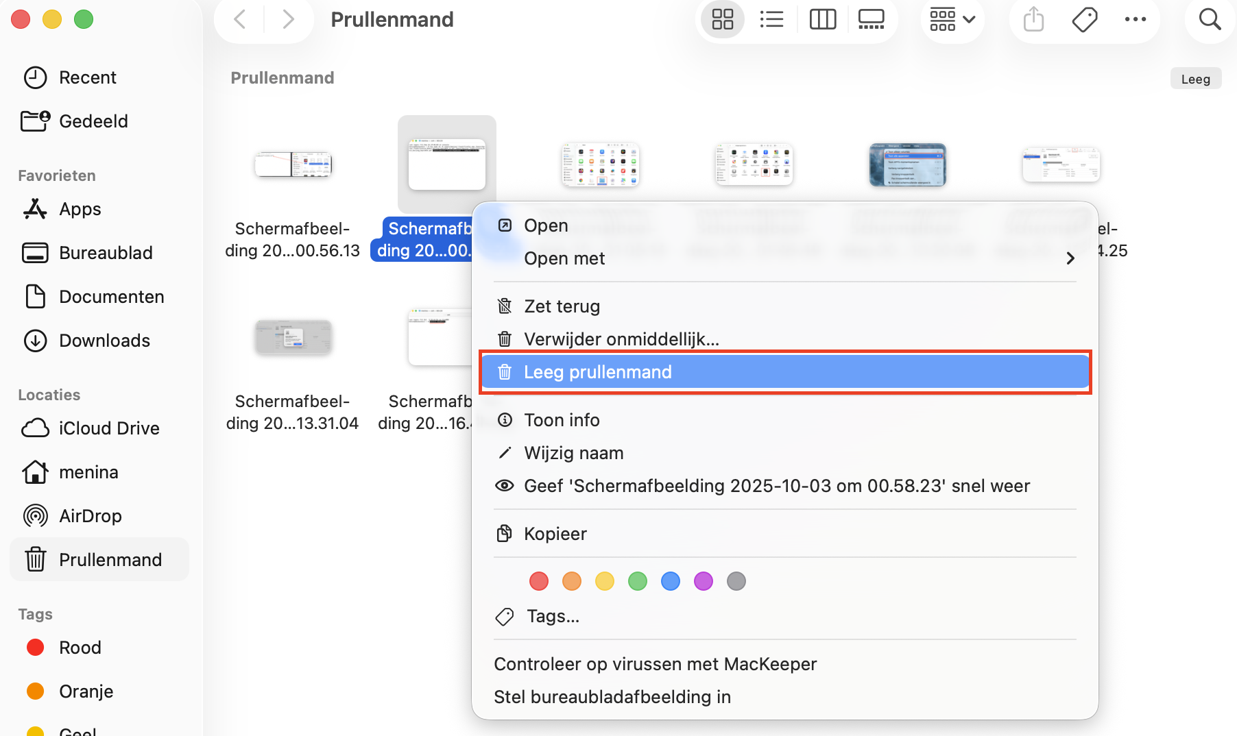 De prullenmandmap op de Mac met verwijderde bestanden. Klik met de rechtermuisknop op een bestand dat je wilt herstellen en kies ''Zet terug''.