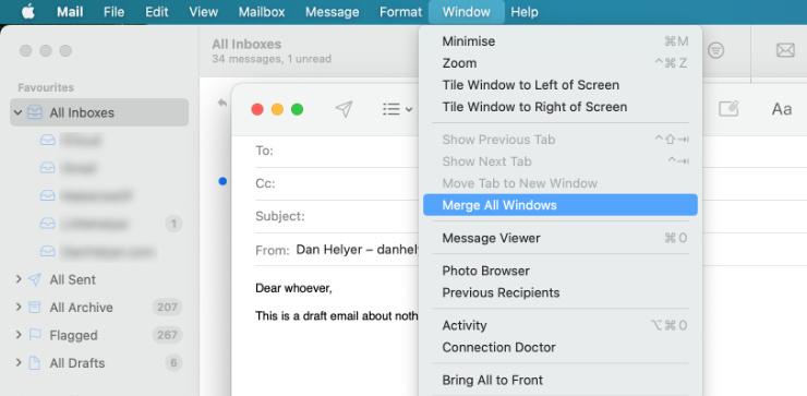 Mail app > Window > Merge All Windows