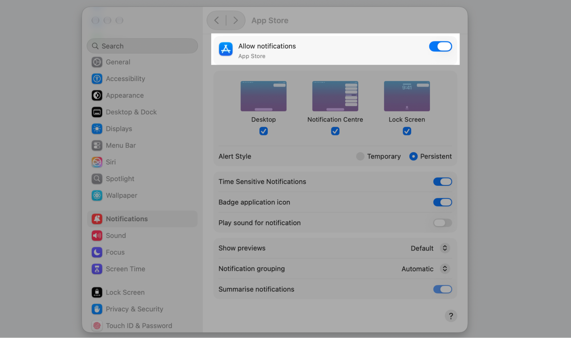 App Store notification settings in macOS with the Allow notifications toggle highlighted, plus Desktop, Notification Centre, Lock Screen.
