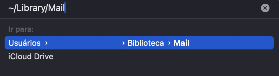 Digite o caminho ~/Library/Mail na caixa de texto e pressione Enter. Em seguida, procure por arquivos ou pastas que comecem com Envelope Index.