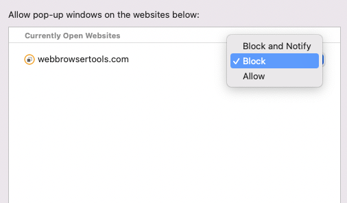 Blocking pop-ups for one site in Safari.