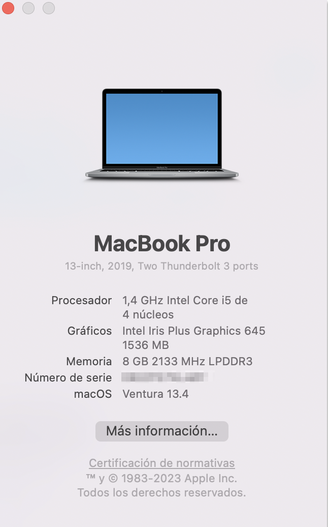 Ventana general de macOS Ventura que muestra todos los detalles básicos de la versión, incluido el volumen de memoria utilizado y otras características técnicas Ventana general de macOS Ventura que muestra todos los detalles básicos de la versión, incluido el volumen de memoria utilizado y otras características técnicas