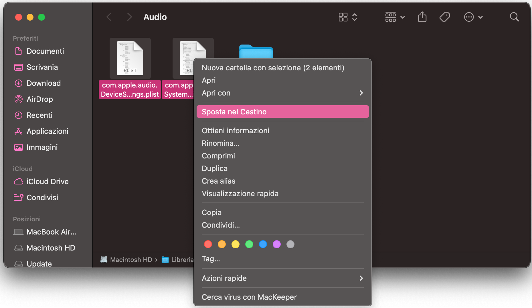 Una volta aperta la cartella Audio del Mac, ti basta spostare i file .plist nel Cestino. In questo modo il Mac sarà costretto a ricrearli.