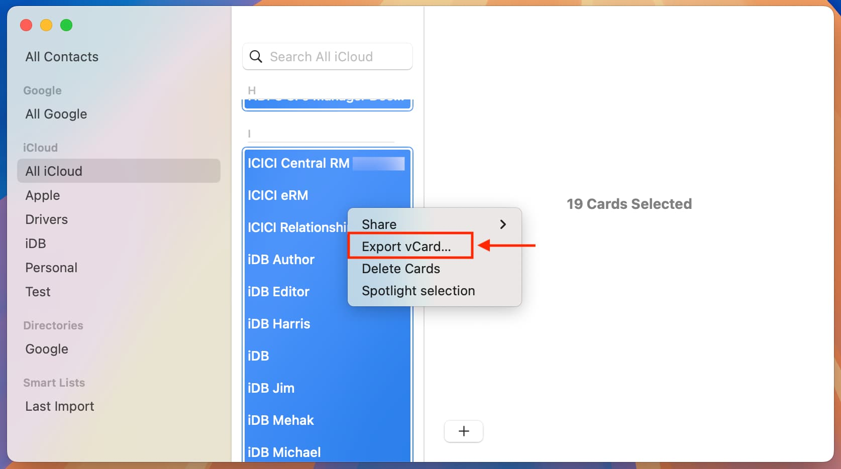 Press Command + A to select all contacts on iCloud.com, then click the gear icon and choose Export vCard to download your entire contact list as a VCF file.