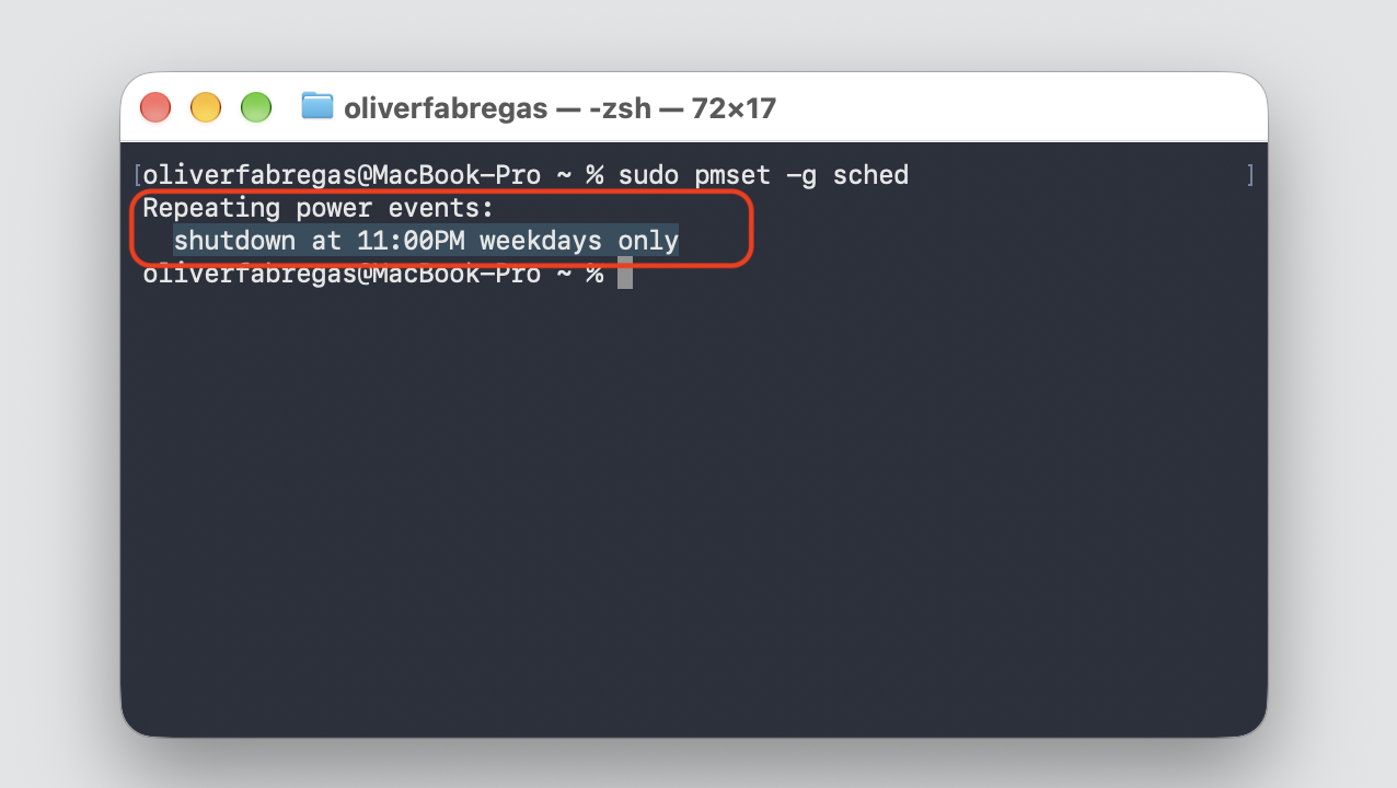 Terminal on macOS listing repeating power events, with shutdown at 11:00PM weekdays only highlighted to confirm the scheduled shutdown timer.