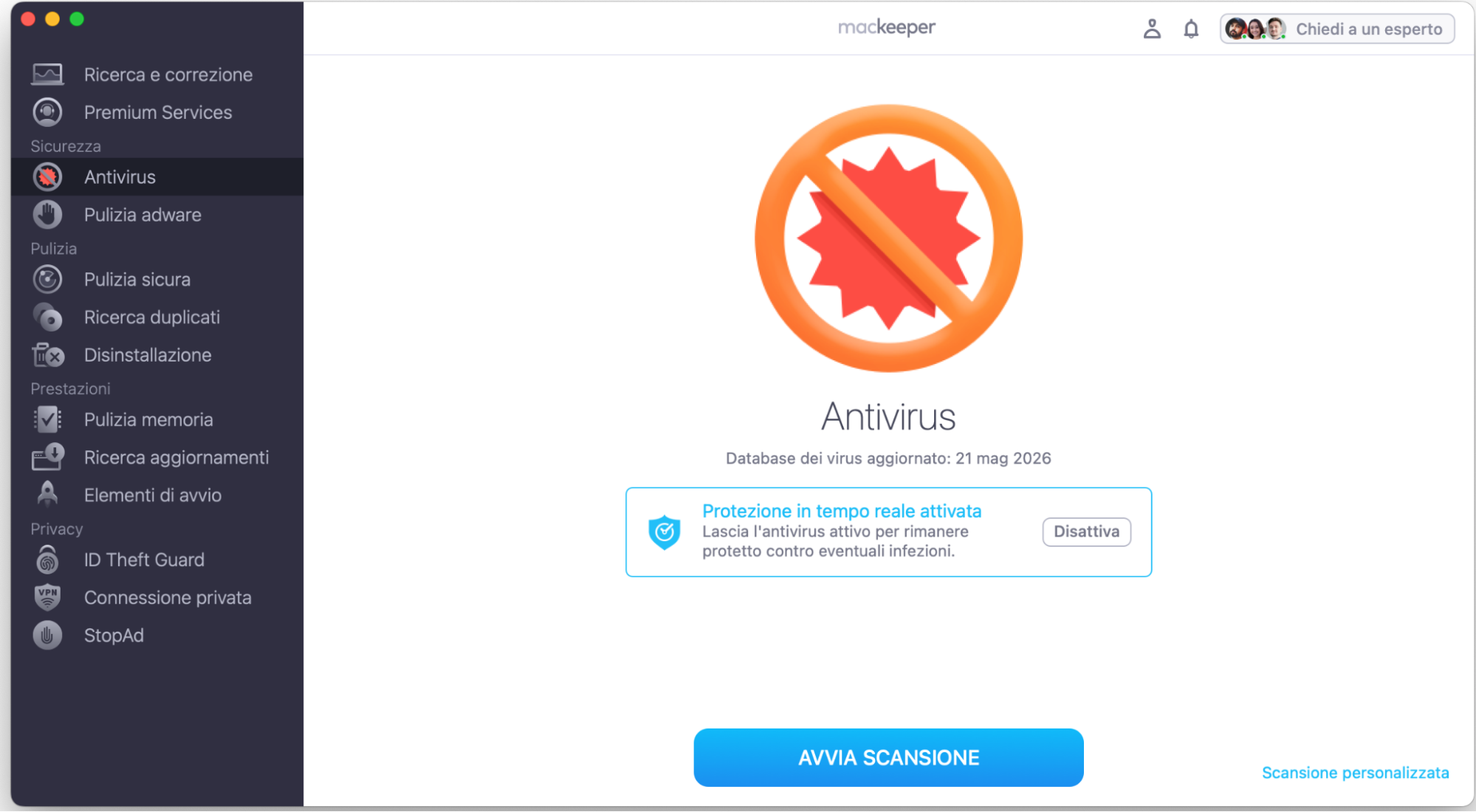 Nell'app MacKeeper scaricata, installata e aperta, scegli Antivirus dal menu del pannello sinistro per procedere con il controllo automatico del malware