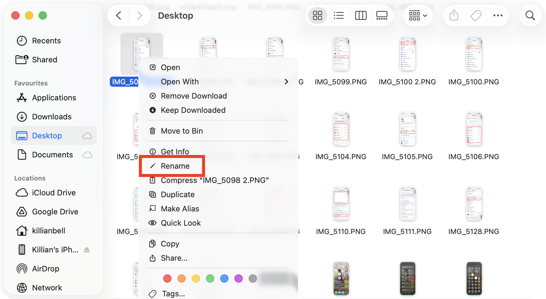 The option to Rename a file in the contextual menu on Mac. Use this to change a file's format when you need to fix corrupted files on Mac.