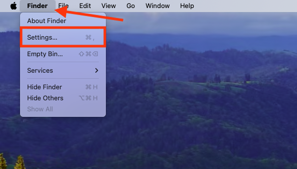 The Finder menu in the menu on Mac. To see USB devices on macOS, go into Finder's Settings menu and ensure relevant Locations are enabled.