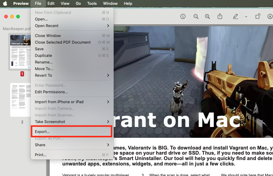 In the Preview app, select the page you want to convert to JPG. Then select File > Export from the menu bar at the top of your screen.