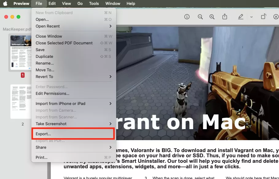 In the Preview app, select the page you want to convert to JPG. Then select File > Export from the menu bar at the top of your screen.