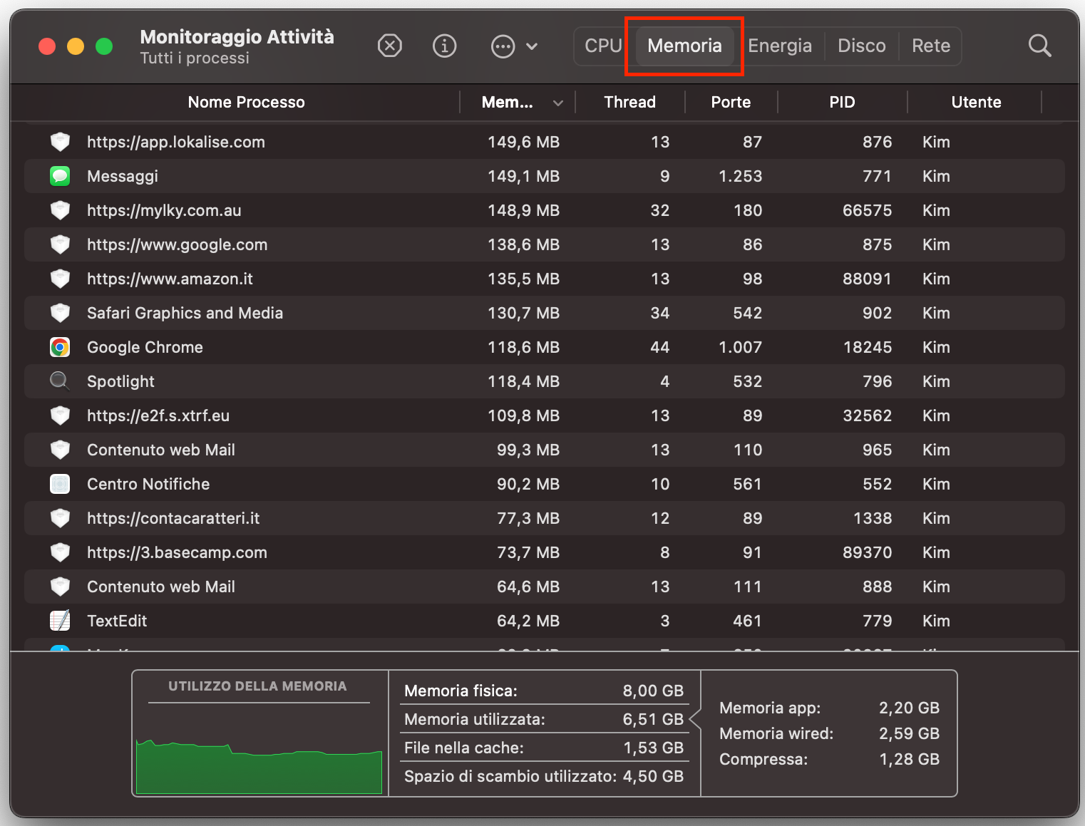 Apri Monitoraggio Attività e vai alla scheda Memoria.