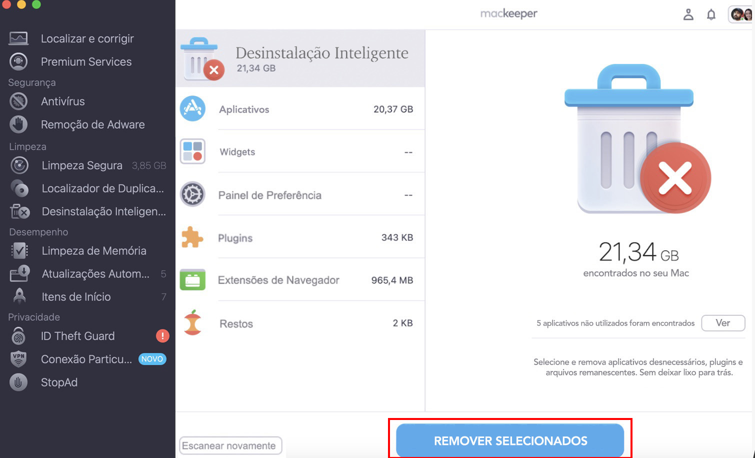 Desinstalação Inteligente do MacKeeper. Aplicativos são exibidos e o botão Remover Selecionados está destacado. Como remover aplicativos, como parte de como parar pop-ups falsos do McAfee no Mac.