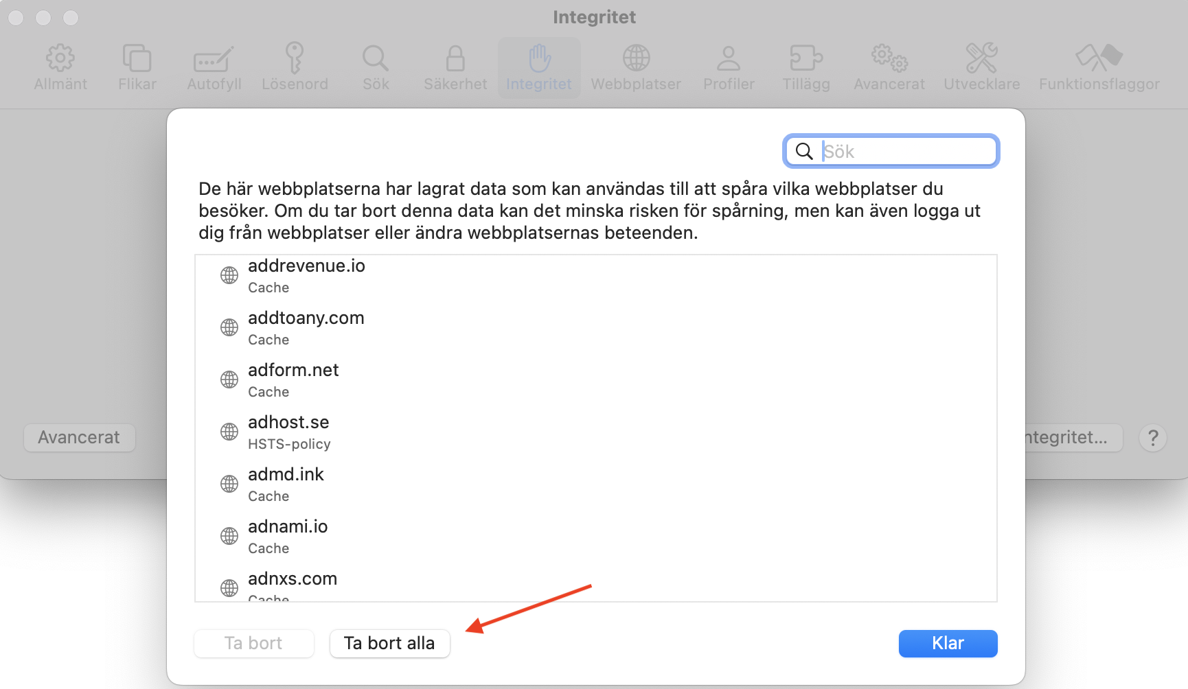 Safari på Mac visar all webbplatsdata. Klicka på knappen Ta bort alla, klicka sedan på Ta bort nu för att rensa alla cachefiler.