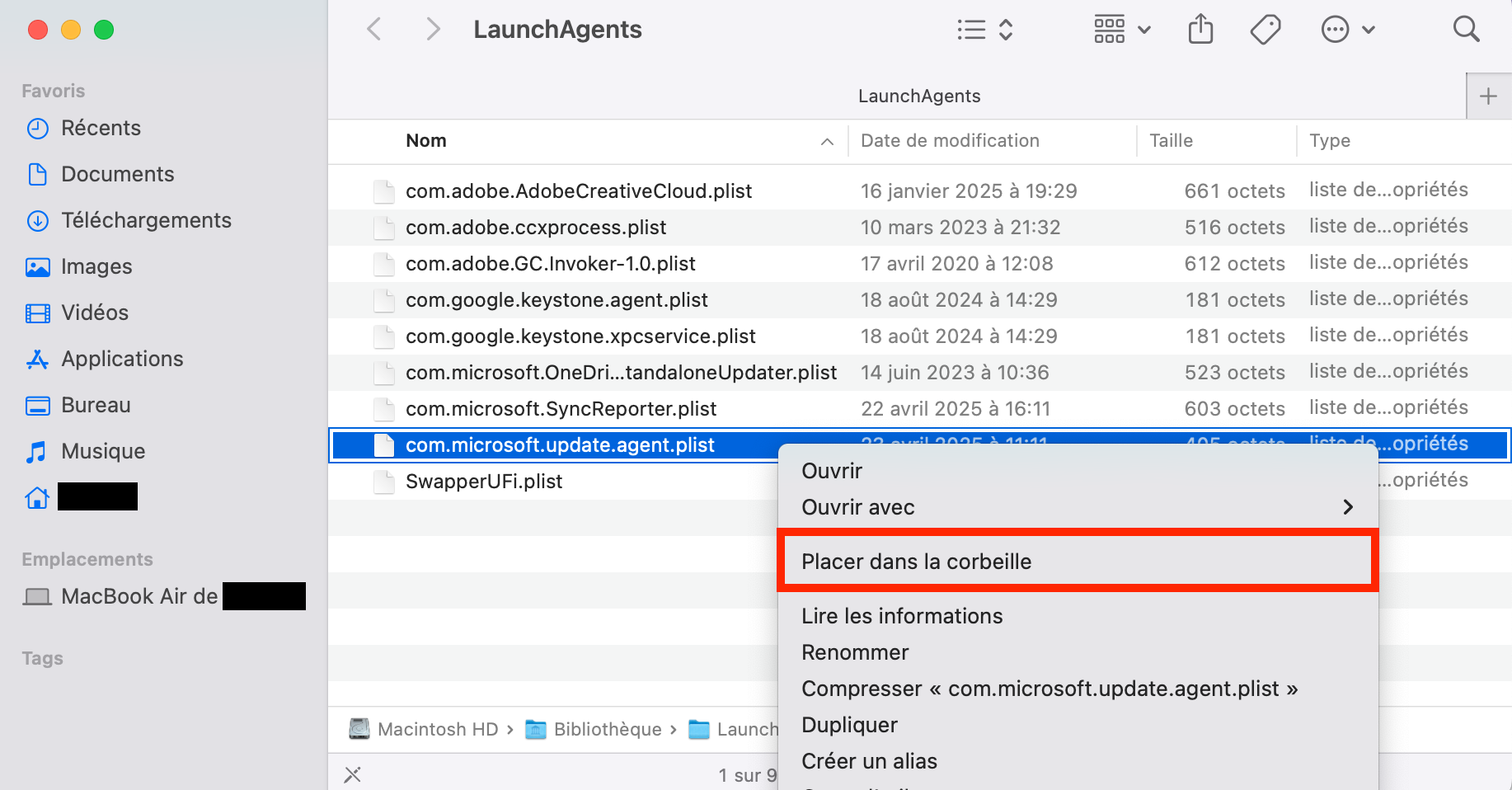 L’utilisateur a sélectionné le fichier com.microsoft.autoupdate.helper et le supprime en le plaçant dans la Corbeille.