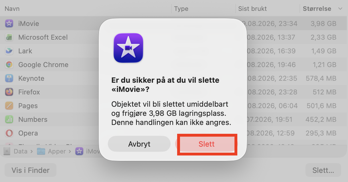 En bekreftelsesboks som vises når du velger å slette et program i Systeminnstillinger på Mac. Klikk på Slett for å fortsette og frigjøre plass på Mac.