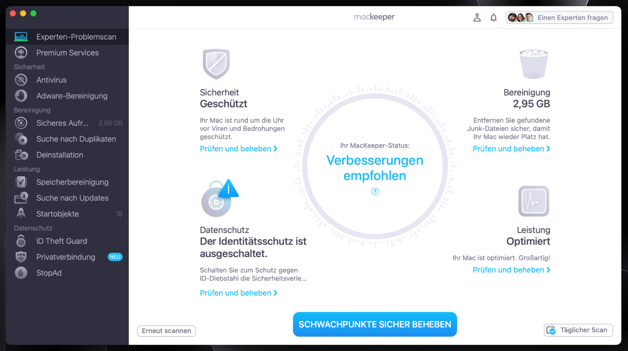 Sie können die Scan-Ergebnisse einsehen. Sie können jedes Problem einzeln beheben oder auf Schwachpunkte sicher beheben klicken.