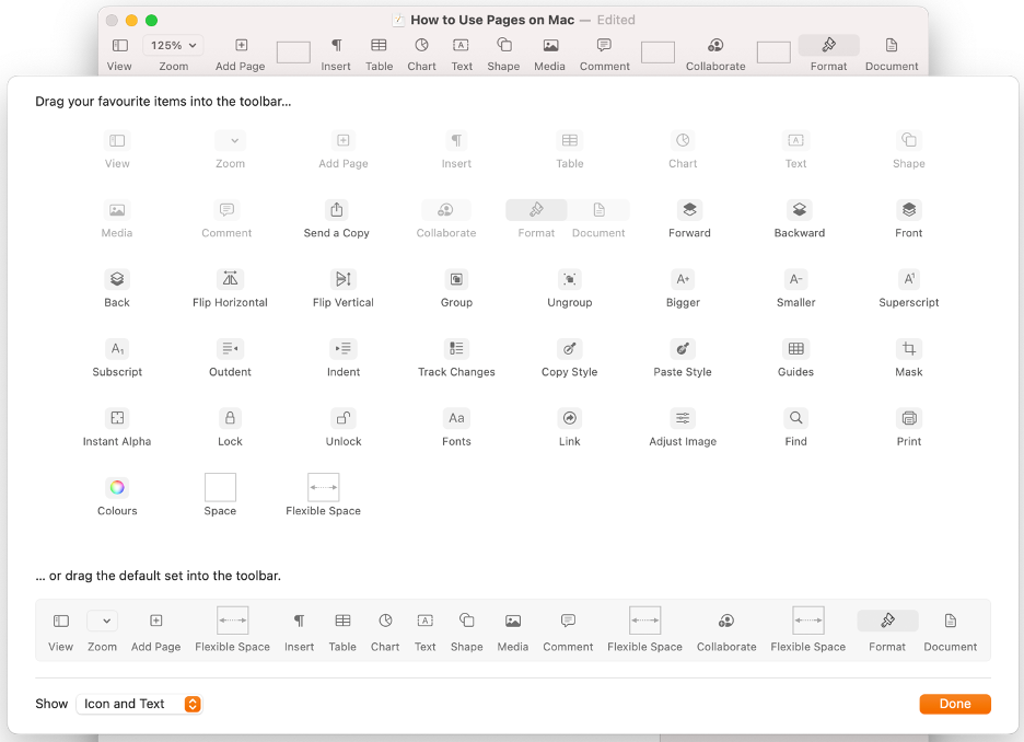 To adjust your Pages toolbar on your Mac, drag items to the top menu and click Done to save changes.